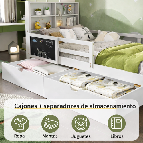 Cama Infantil 90x200 cm con Cajones y Estantería Integrada