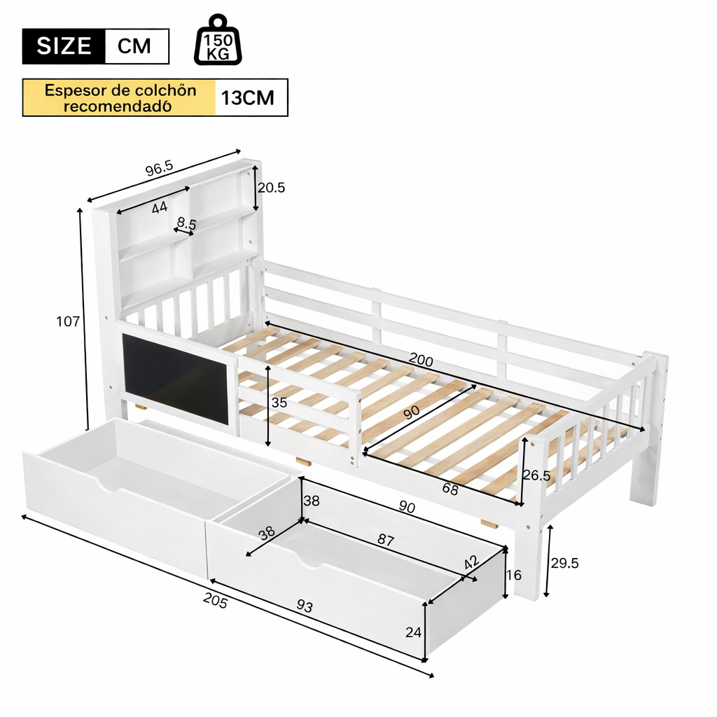 Cama Infantil 90x200 cm con Cajones y Estantería Integrada