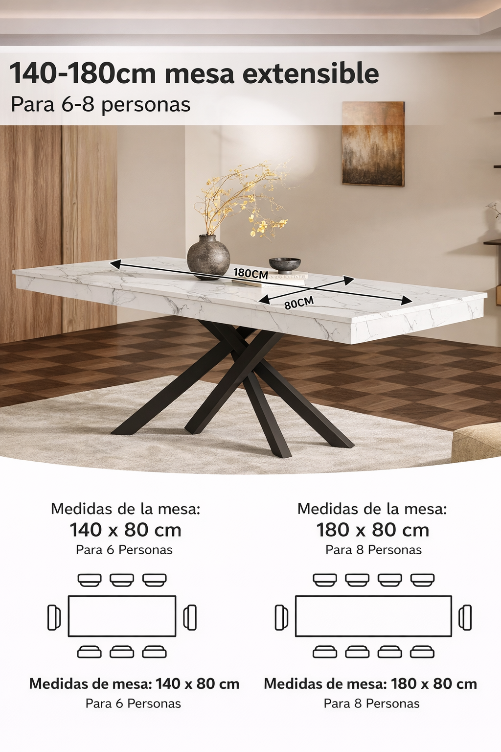 Mesa de Comedor Extensible 140–180 cm para 6–8 Personas