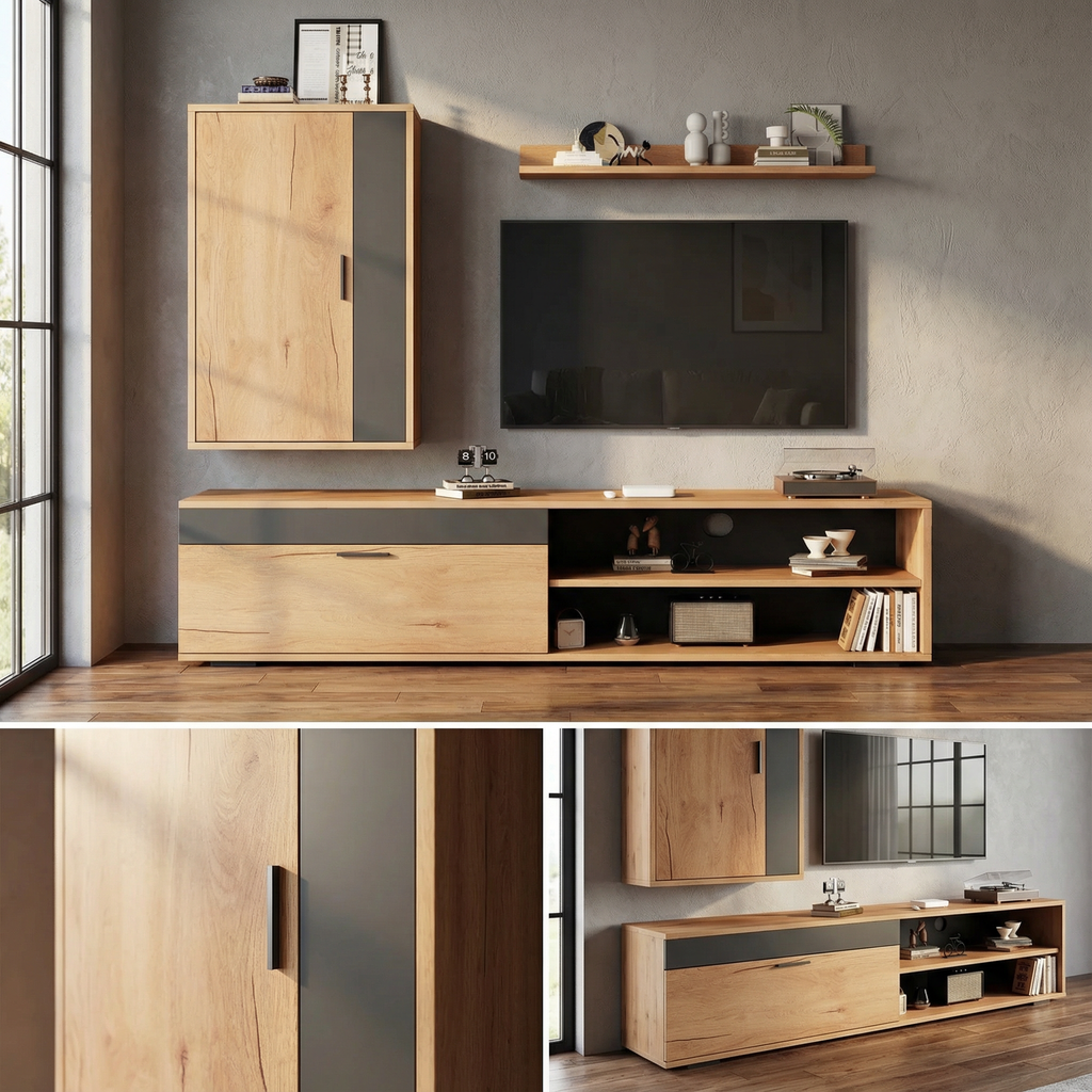 Mueble TV Flotante Moderno 140cm + Estantería Pared - Madera Natural Negro