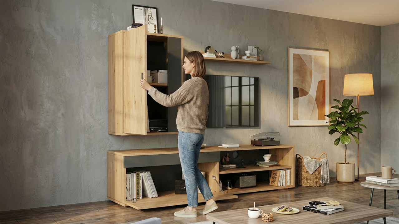 Mueble TV  Moderno 140cm + Estantería Pared - Madera Natural Negro