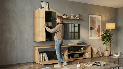 Mueble TV  Moderno 140cm + Estantería Pared - Madera Natural Negro