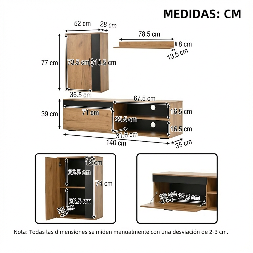 Mueble TV Flotante Moderno 140cm + Estantería Pared - Madera Natural Negro
