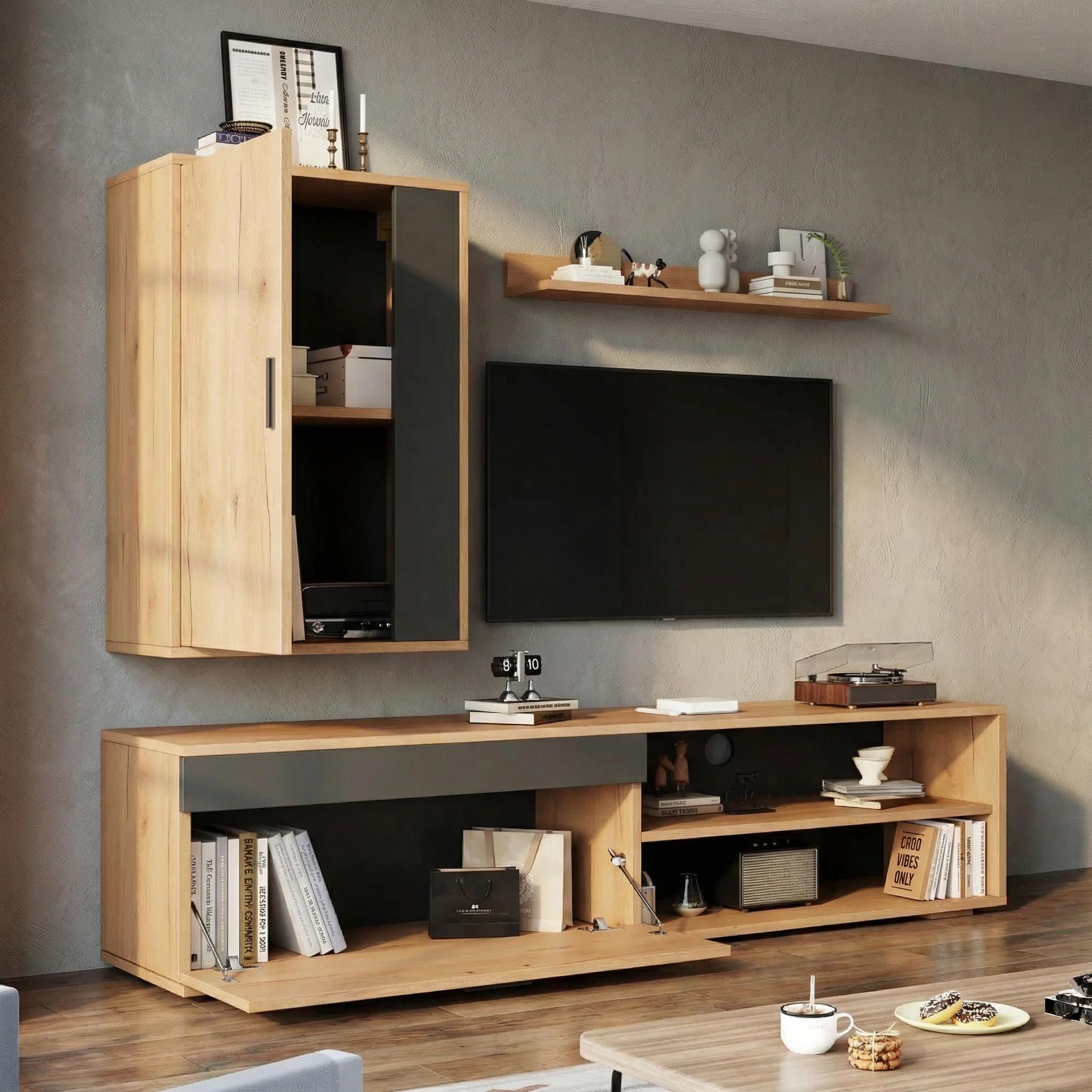 Mueble TV Flotante Moderno 140cm + Estantería Pared - Madera Natural Negro