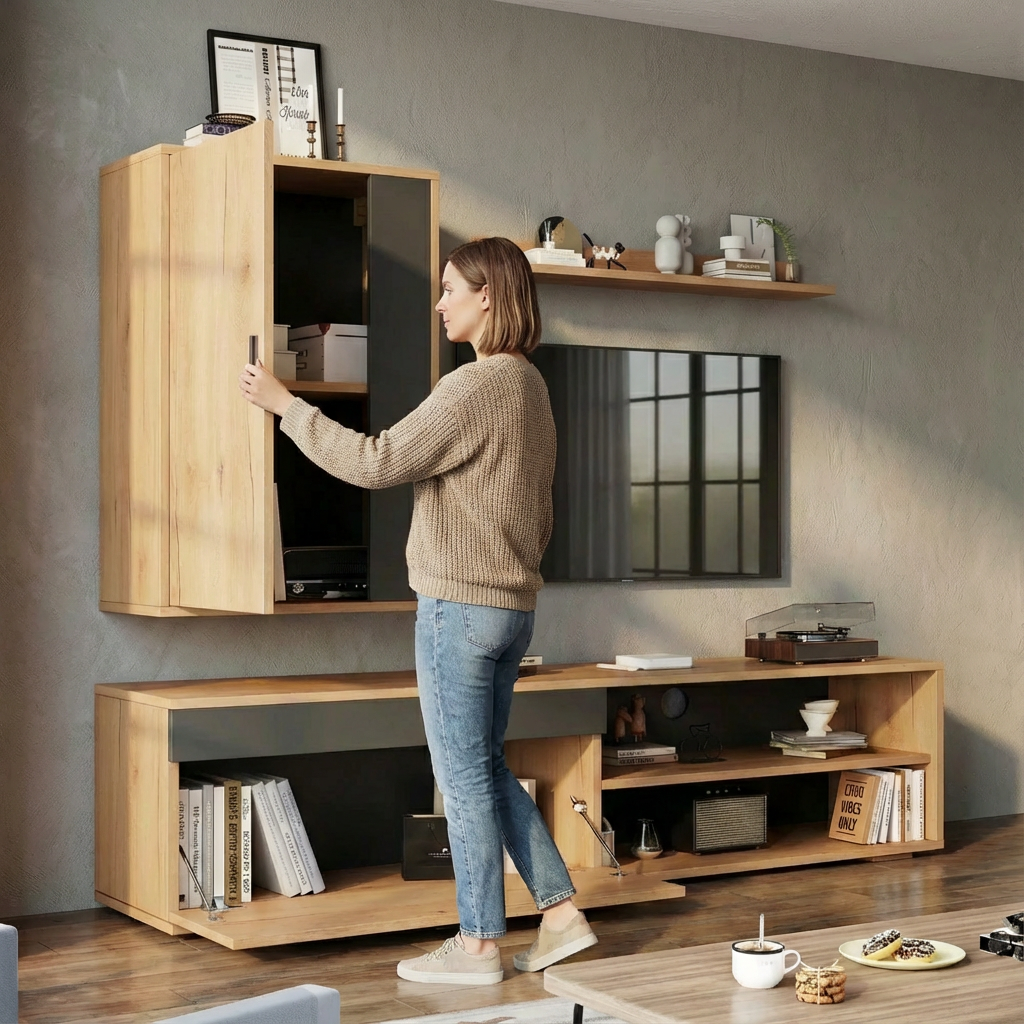 Mueble TV Flotante Moderno 140cm + Estantería Pared - Madera Natural Negro